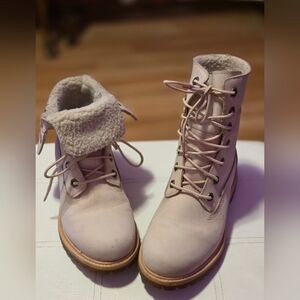 Timberland Light Pink Teddy Fleece Lace-Up Fold-Down Boots Size 6